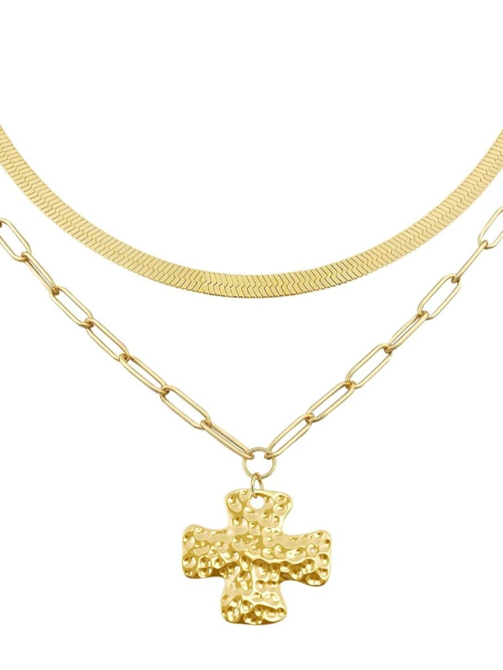2 Pcs Gold Pendant Necklace, Chunky Cross Necklace for Women, Layered Paperclip